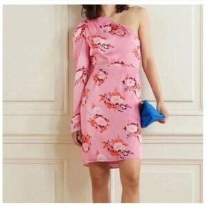 NWT Les Reveries Sz 10 Dress Short One Shoulder Pink Floral Wedding Guest‎ Party